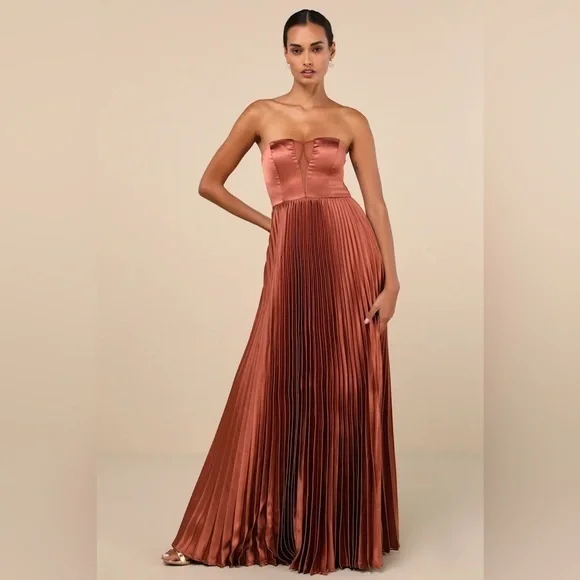 Lulu's Strapless Copper Pleated Dress - Picture 2 of 16